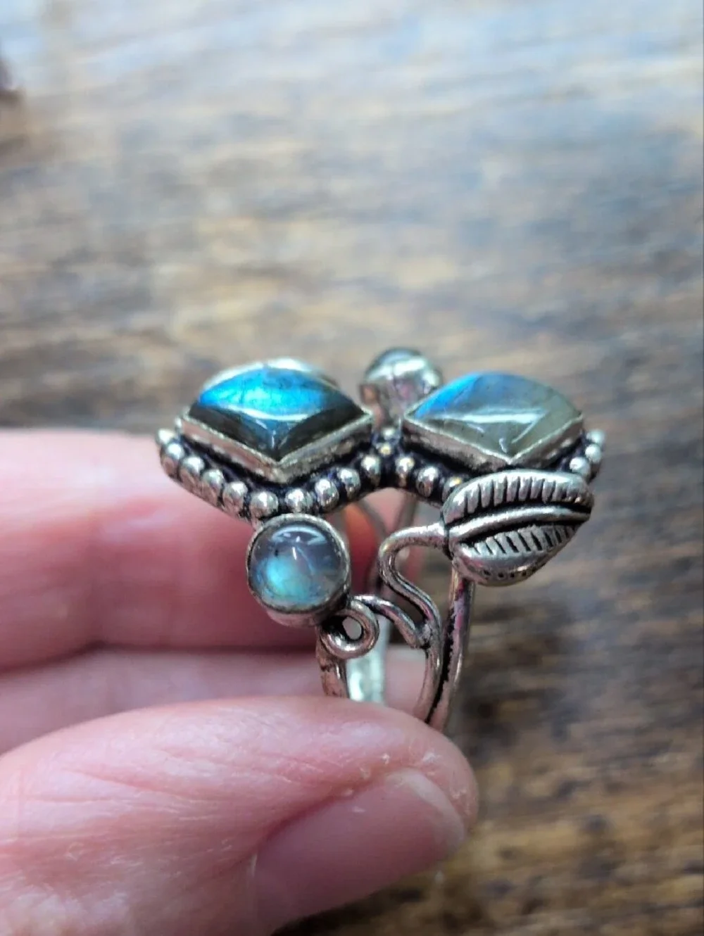 Labradorite Double Square Statement Ring - Silver Leaf Design